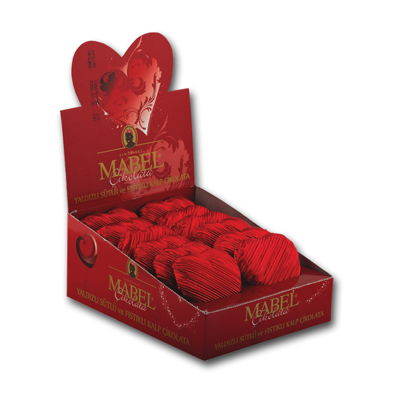 Yaldızlı Antep Fıstıklı Sütlü Kalp Çikolata 30g. (12 ADET)